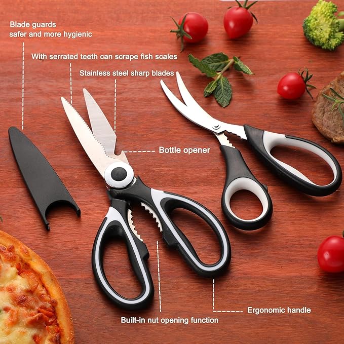 OMDAR Food Grade Kitchen Scissors All Purpose 3 Pack - Heavy Duty Stainless Steel Cooking Shears for Cutting Meat, Food, Fish, Poultry Sharp Sissors for Dishwasher Safe - with Protective Sheath