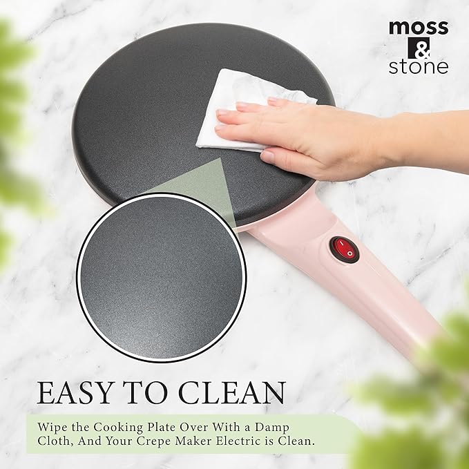Moss & Stone Pink Electric Crepe Maker 8 Inch, Portable Crepe Maker & Hot Plate Cooktop On/Off Switch, Nonstick Coating, Automatic Temperature Control, Easy To Use For Pancakes, Blintz