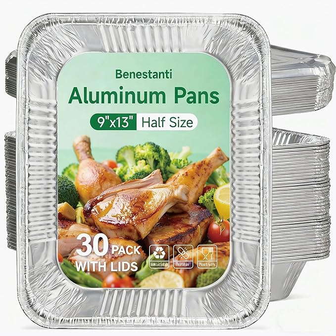 9x13 inch Aluminum Pans with Lids（30 sets）,Disposable Half Size Foil Pans with Lids, Deep Tin Foil Pan,Disposable Baking Pans for Cooking, Storing, Prepping, and Freezing Food,Oven-Safe