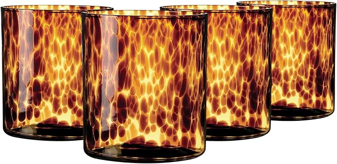 Joseph Sedgh Collection Tortoise Shell DOF Lowball Glass Set of 4 – 10.15 oz Borosilicate Whiskey & Cocktail Glasses – Stylish, Lead-Free, Dishwasher Safe – Gift Box Included