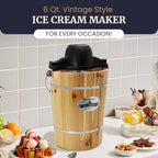 Elite Gourmet EIM916X Old Fashioned 6 Quart Vintage Wood Bucket Electric Ice Cream Maker Machine Appalachian, Bonus Classic Die-Cast Hand Crank for Churning, Uses Ice and Rock Salt