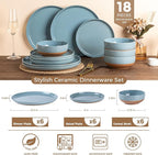AmorArc Ceramic Dinnerware Sets for 6, 18 Pieces Handpainted Plates and Bowls Set with Rustic Terracotta Underside, Scratch Resistant Stoneware Dishes Set, Dishwasher & Microwave Safe, Stone Blue
