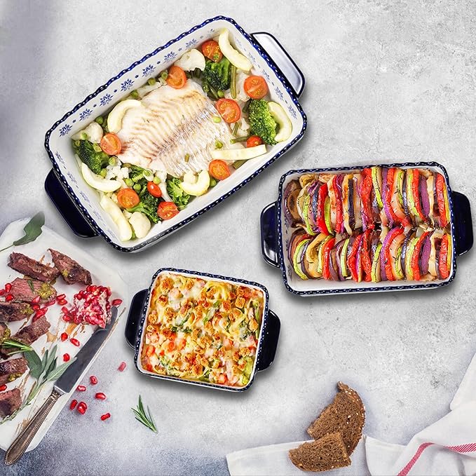 SOUJOY 3 Pack Porcelain Bakeware Set, Rectangular Baking Dishes, Lasagna Pan for Cooking, Kitchen, Casserole Dishes, Cake Dinner, Banquet and Daily Use