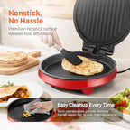 3-in-1 Electric Griddle & Panini Press - CACHOO 8" Nonstick Round Griddle and Sandwich Press with On/Off Switch, 180° Open Design, Perfect for Pancakes, Omelettes, Quesadillas, Veggies (Red/Beige)