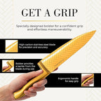 Styled Settings Gold Knife Set with Block and Sharpener – 14PC Golden Titanium-Coated Blades with Bold Herringbone Pattern, Knife Block with Built-in Sharpener, Durable, Luxury Kitchen Knives Set