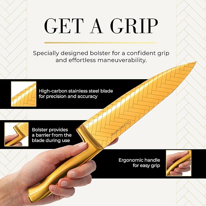Styled Settings Gold Knife Set with Block and Sharpener – 14PC Golden Titanium-Coated Blades with Bold Herringbone Pattern, Knife Block with Built-in Sharpener, Durable, Luxury Kitchen Knives Set