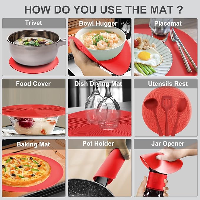 2 in 1, Aidacom Microwave Splatter Cover for Food & Silicone Microwave Mat, Mat as Bowl Holder, Trivet, Pot Holders, Drying, Baking, Utensils Rest for Kitchen Counter, Dishwasher Safe, Red