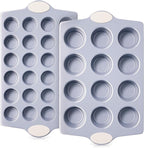 BRONYPRO 2-Pack 12 Cup and Mini 24 Cup Non Toxic Nonstick Ceramic Muffin Pan & Cupcake Tin, PFOA & PTFE Free, Heavy Duty Rust-Resistant Aluminized Steel, Oven & Dishwasher Safe, Cream White