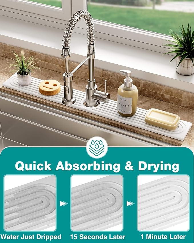 Stone Faucet Mat for Kitchen Sink, Diatomite Sink Protectors - Prevent Moisture Drying Stone Tray Fit Kitchen Counter & Bathroom Counter (White, 23.6" x 4")