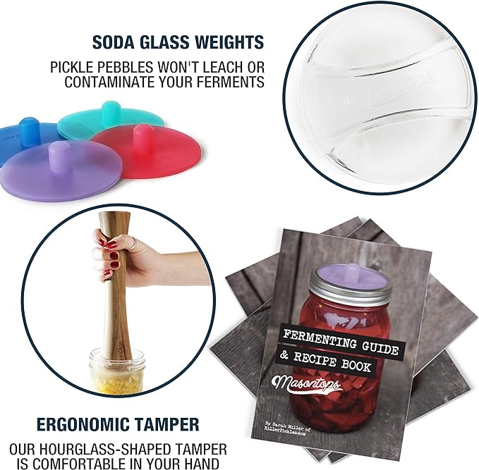 Masontops Complete Mason Jar Fermentation Kit - Pickle Kit, Sauerkraut Making Kit Kimchi Container - Fermentation Airlock Lids Wide Mouth Mason Jars