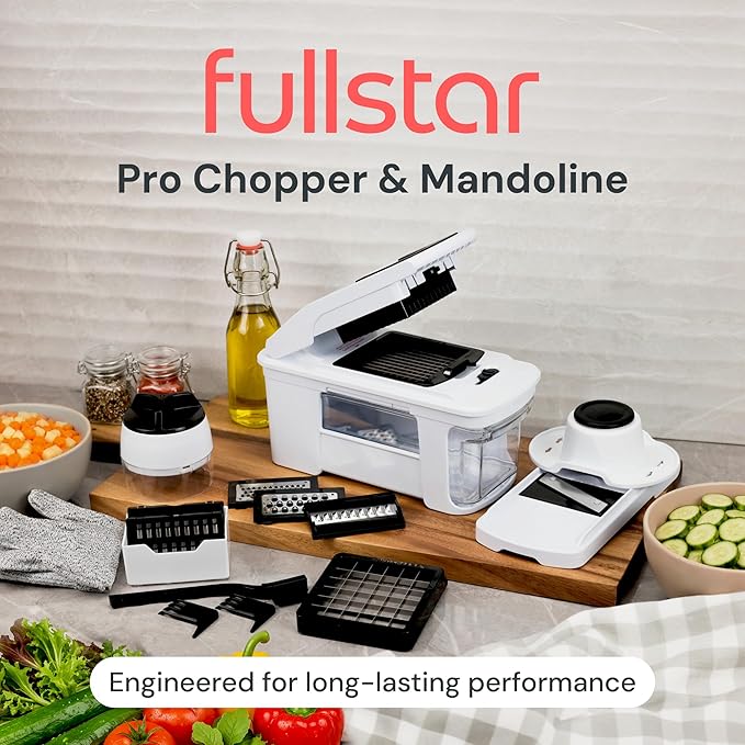 Fullstar XL Vegetable Chopper & Mandoline Slicer – Vegetable, Onion, Potato, Food, Veggie & Fruit Slicer, Dicer & Spiralizer with Pull-Out Catch Tray, Kitchen Gadgets & Gifts (11 in 1, White)
