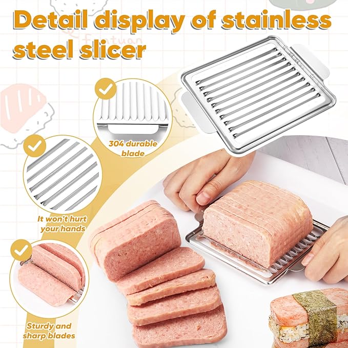 Musubi Press Mold Kit, 2 Pack Clear Musubi Maker with Stainless Steel 304 Luncheon Meat Slicer for SPAM (Champagne)
