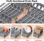 Urackify Stainless Steel Dish Drying Rack - Dish Drainer for Kitchen Counter, Extendable Drainboard with Foldable, Space-Saving Cup & Bowl Organizer, Includes Knife and Utensil Holder, Gray