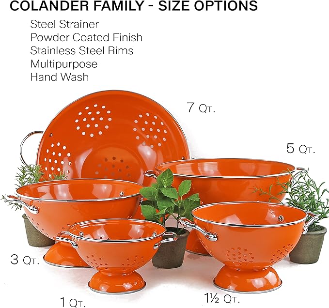 Reston Lloyd, 3 Quart Powder Coated Steel Kitchen Strainer Basket for draining Pasta, Vegetable and Fruit, Chrome Handles and Wide Stable Base, Orange