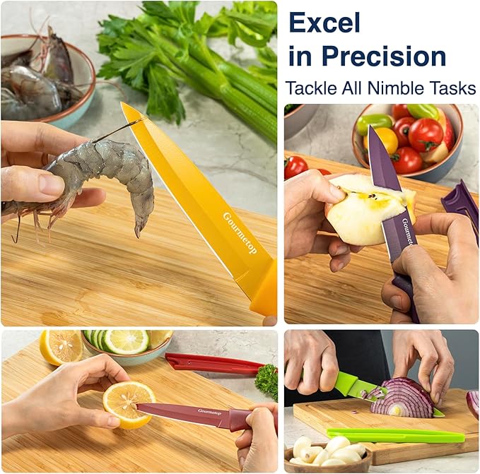 Gourmetop Paring Knife with Cover, Paring Knives Set of 4, 3.8" Paring Knife Set of Premium Stainless Steel, Small Kitchen Knife Set for Fruit and Vegetable, Ergonomic Knife Handles for Versatility