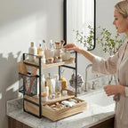 Coffee Station Organizer Countertop, Wooden Coffee Bar Accessories Organizer with Basket, 2 Mug Holder Hooks and Pod Drawer, Multifunctional 2 Tier Countertop Organizer for Kitchen, Bathroom, Office