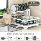 BCWW Drying Rack Dishes Stainless Steel Large Capacity 2-Tier Drying Rack Kitchen Counter Organizer with Cup Holder, Utensil & Cutting Board Storage, Space Saving (White)