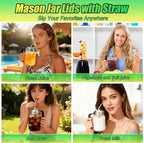 Palksky Mason Jar Lids with Straw Hole Wide Mouth, Stainless Steel Drinking Lid with Handle & Silicone Rings, Spill-Resistant Mason Jar Straw Lid for Iced Coffee, Juice, Lemonade (2 Packs)