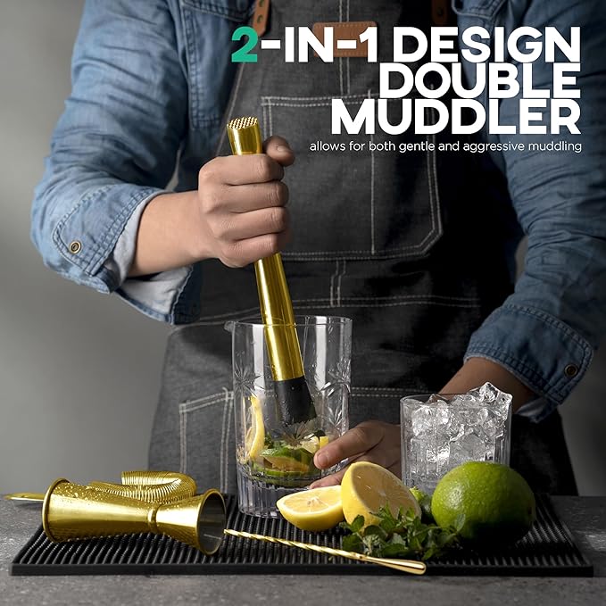 Homestia Cocktail Shaker Set, Bartending Kit: Weighted Boston Shaker Tin, Hawthorne Strainer, Jigger, Bar Spoon and Muddler, Professional Stainless Steel Bar Tool for Beginner (Gold)