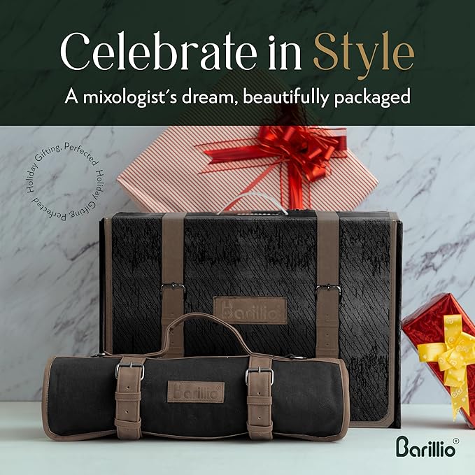 Barillio Bartender Kit Bag with Black Cocktail Shaker Set - Waxed Canvas, Traveling Bar Tools Bag with 17-Pc Cocktail Kit - Travel Mixology Bartending Kits - Mobile Bar Roll with Strap & Accessories