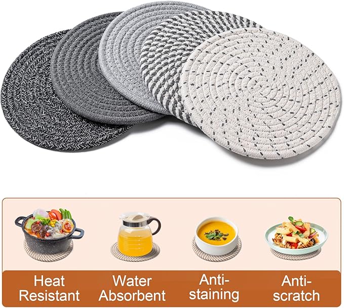 Husfunov 7 Inch Trivets for Hot Dishes, Pots and Pans, 5 Heat Resistant Pot Holders for Kitchen, Home Essentials, Hot Pads for Countertop and Table, Farmhouse Decor Vase Mats, Gray