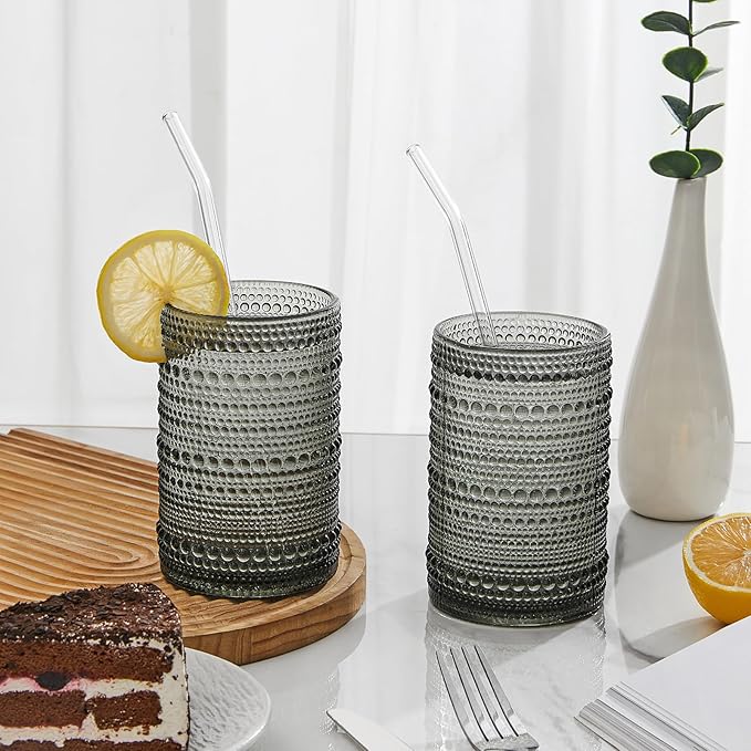 HomeVogue Hobnail Drinking Glasses Set of 12, 12oz & 15oz Vintage Glassware Set Cocktail Glass Set, Embossed Gray Water Tumbler,for Beer, Whiskey,Juice and Various Mixed Drinks