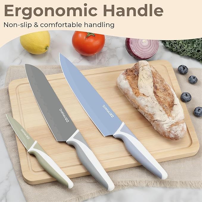 Knife Set, 12 Pieces Kitchen Knives Set with Healthy Non-Stick Coating, Dishwasher Safe Anti-Rust Stainless Steel Knives with 6 Blade Guards, Ergonomic Handles, Ideal Gift Set