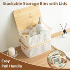 8 Pack Plastic Storage Bins with Bamboo Lids - Stackable Storage Baskets with Handle for Pantry Organizer and Storage, Plastic Containers Bins Lidded Storage Bins for Classroom Office Shelves