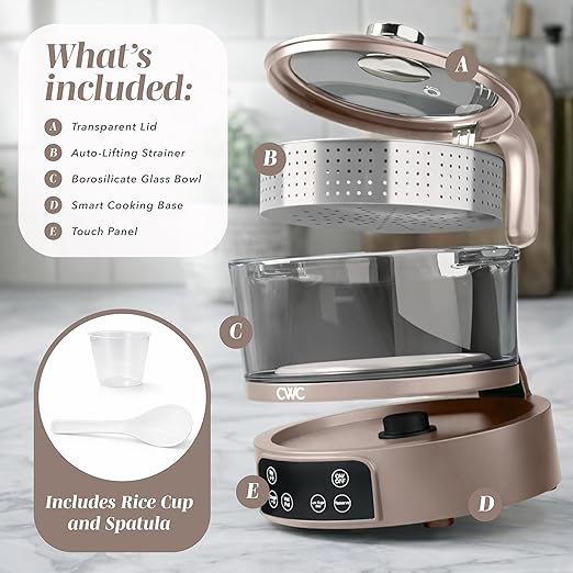 COOK WITH COLOR 3L Glass Mini Low Carb Rice Cooker – Holds 2 Cups Raw/Makes 6 Cups Cooked with Auto Lift Filter Basket, Hotpot & Steamer for Rice, Grains, Digital Panel with Keep Warm, Goat/Mink