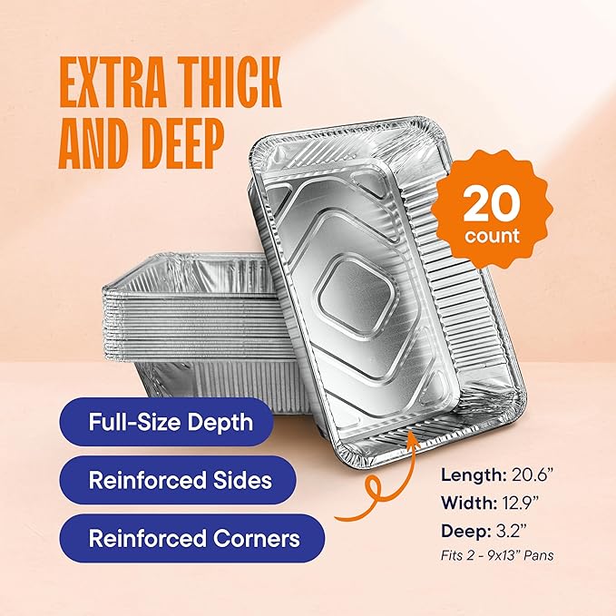 Full Size Large Aluminum Pans, Disposable Foil 21x13 Deep [20-Pack] Steam Table Chafing Pan - Extra Heavy Duty Durable Tray - Great for Roasting, Cooking, Warming, Prepping and Storing Food