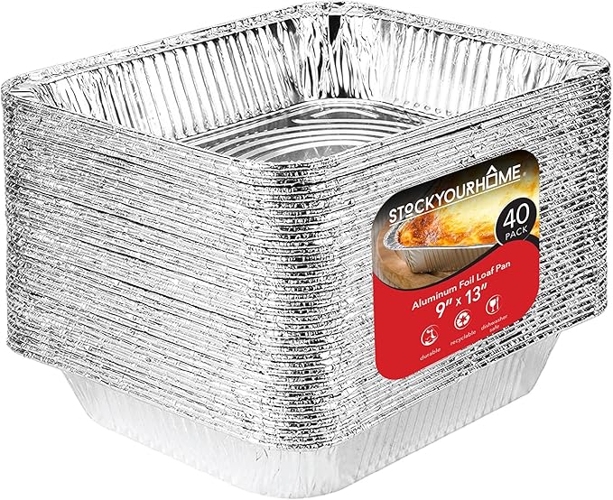 Stock Your Home 9x13 Aluminum Pans (40 Pack) - Disposable and Recyclable Foil Trays - Half Size Steam Table Deep Pans - Tin Foils for Cooking, Heating, Storing, Prepping Food
