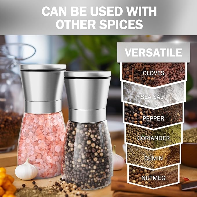 Home EC Original Stainless Steel Sea Salt and Pepper Grinder Set of 4 - Adjustable Ceramic - Glass Salt and Pepper Shakers Mills - Modern Kitchen Spice Mill W/Funnel & EBook