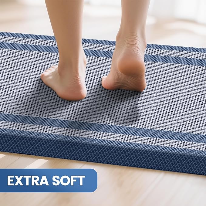 KitchenClouds [2 PCS Kitchen Rugs Cushioned Anti-Fatigue Kitchen Mats for Floor Waterproof Kitchen Rug Set Non-Slip Comfort Standing Mat for Office, Sink, Laundry 17.3"×29"+17.3"×47",Blue