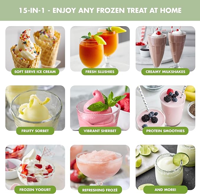 GreenPan Frost Ice Cream Maker & Slushie Machine, Soft Serve, Sorbet, Margaritas, Milkshakes, Frozen Yogurt, No Pre-Freezing, Ready in 15 Mins, 6 Modes, 7 Textures, Self-Cleaning, Family Size, Green