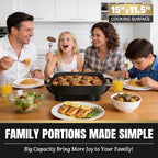FineMade Family Size Electric Skillet with Lid, XL Electric Skillet, Deep Skillet, Temperature Control, Square 15 x 11.5 Inch Ceramic Nonstick Interior, Graphite