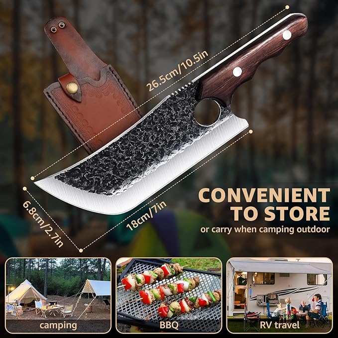 DRGSKL Hand Forged Meat Cleaver Knife Fathers Butcher Knives for Meat Cutting Full Tang Chef Knife with Belt Sheath and Gift Box High Carbon Steel for Kitchen or Camping, Gift for Dad