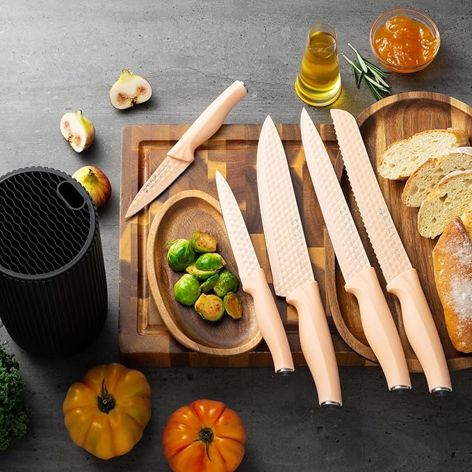Kitchen Knife Set with Block, 6-Piece Non-stick Stainless Steel Sharp Knives Set for Precision Cutting with Universal Knife Block for Kitchen, Ergonomic Design & Dishwasher Safe, Pink