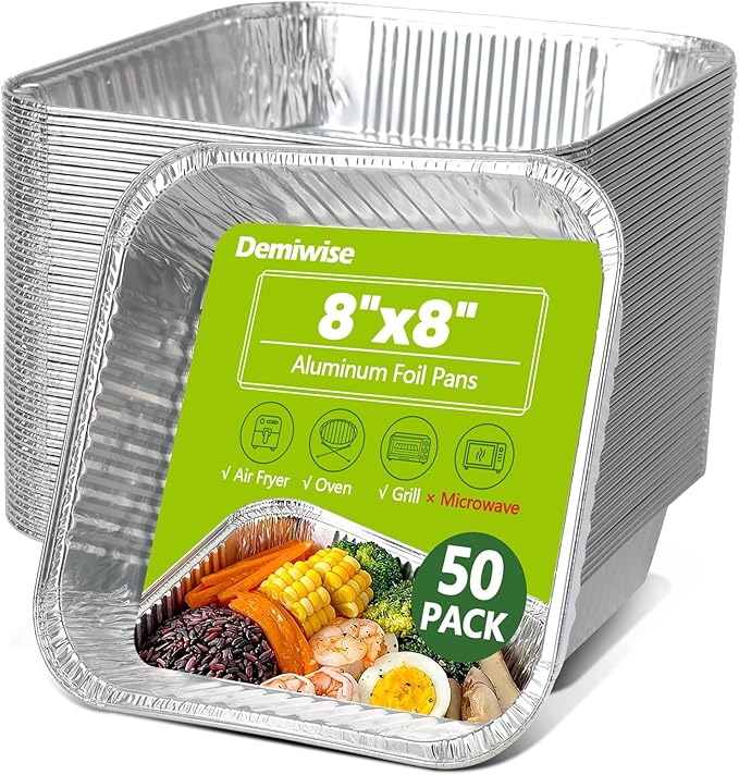 Thickened 50 Pack Heavy Duty Aluminum Pans, 8x8 Small Disposable Aluminum Baking Pans, Square Tin Foil Roasting Tray for Cooking, Meal Prep, Catering, Events, Carton Packaging