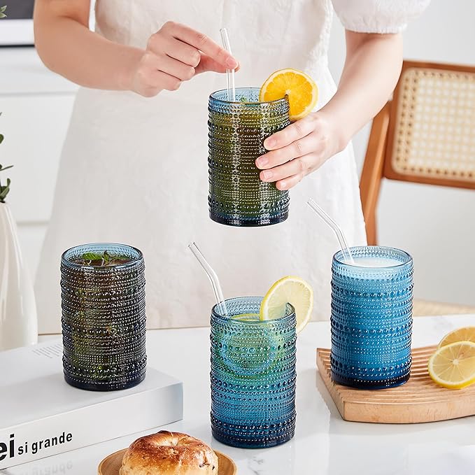 HomeVogue 15 oz Blue Hobnail Drinking Glasses with Straws Set of 6, Vintage Glassware Old Fashioned Beverage Glasses, Cocktail Glass Set, Kitchen Water Glasses Cup, for Beer, Smoothie, Juice