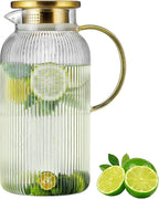 Buaic Glass Pitcher with Lid, 68 oz/2 Liter Classic Vertical Stripes Water Pitcher,Glass Water Carafe for Cold Brew, Coffee, Lemonade, Iced Sun Tea,Beverage,Milk, Heat Resistant