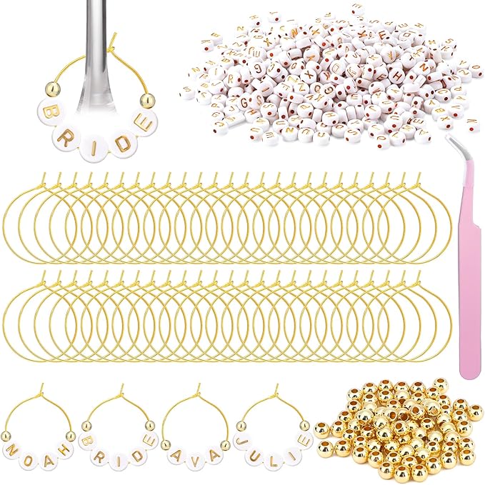 Outus 50 Set DIY Wine Glass Charms 1000 Letters Beads 100 Golden Beads 50 Rings for Stem Glasses 1 Tweezer Custom Personalized Charms Wine Glass Markers for Wedding Party Bridal Shower