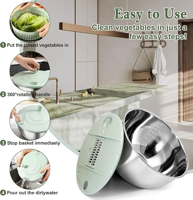 Unokit Stainless Steel Salad Spinner - Large Spinner with Non-Slip Base and 5 Blade Slicers, Dishwasher Safe Lettuce Spinner for Efficient Salad Preparation and Food Washing in Kitchen