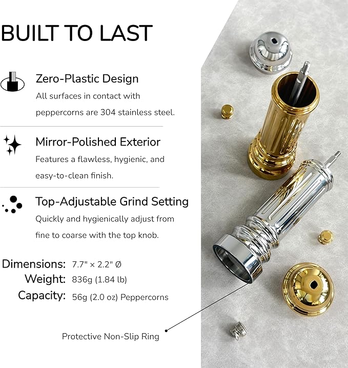 Metal Pepper Grinder with Stainless Steel Core, Heavy Duty High Output Pepper Mill with Adjustable Coarseness, All-Metal Construction, Refillable (Gold)