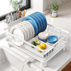 SNTD Dish Drying Rack - Small Dish Rack for Kitchen Counter, Stainless Steel Dish Drainer with Utensil Holder and Drainboard, 11" W x 15" L (White)