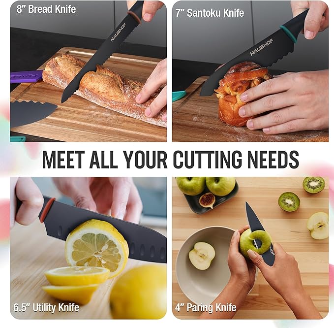 HAUSHOF Kitchen Knife Set, 12-Piece Knives Set with 6 colorful Sheaths, Non-Stick Coated Stainless Steel Blades for Slicing, Dicing&Cutting, Gifts Knife Set for Dad, Mom, Husband and Wife