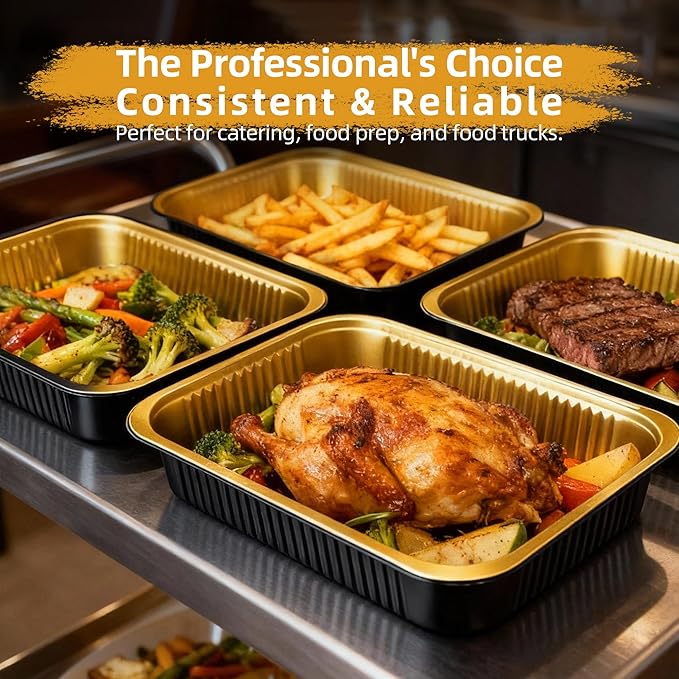 Aluminum Foil Pan with Lids,Heavy Duty Disposable Aluminum Baking Pans,14.57"×10.63" Steam Table Pan for Cooking,Heating, Storing,Prepping Roasting and Chafing(15 Pack Black and Gold w/Lids)