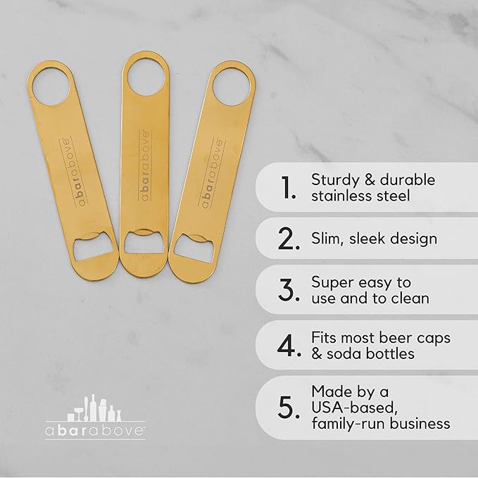 A Bar Above Bottle Opener, Bartender Tool, Flat Bar Blade Speed Opener, Heavy Stainless Steel Beer Cap Lifter With Thumb Hole, Dishwasher Safe Rust Resistant, Bartender Accessories, Cooper, Pack of 3