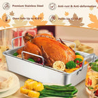 LIANYU 14 Inch Roasting Pan, Turkey Roaster with 2 Racks, Heavy Duty Stainless Steel Deep Broiling Lasagna Pan for Turkey, Chicken, Dishwasher Safe