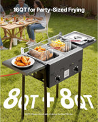 VEVOR Outdoor Propane Deep Fryer, Double Burners Commercial Fryer, 16 Qt Stainless Steel Cooker with Removable Baskets & Lids & Tanks, Oil Fryer Cart with Thermometer & Regulator, For Outdoor Cooking