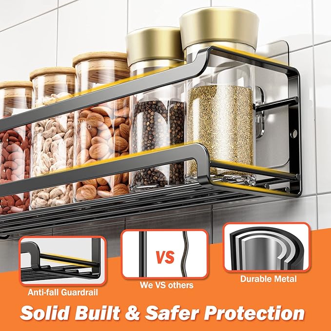 Bunoxea Spice Rack Wall Mounted 4 Pack,Space-Saving Spice Organizer for Spice Jars and Seasonings,Screw or Adhesive Hanging Spice Rack Organizer for Your Kitchen Cabinet,Pantry Door,11.41x2.75x2.75in